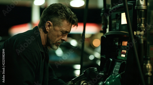 Worried Man Refueling Car at Night Gas Station - Grey Haired Driver