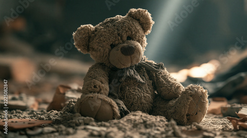 Worn Teddy Bear in Rubble War Aftermath Symbol - Dusty Close Up