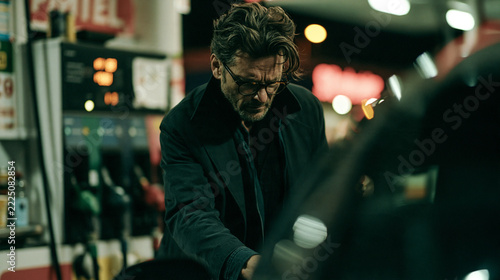 Worried Man Refueling Car at Night Gas Station - Moody Night Scene