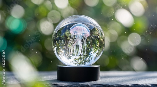 Jellyfish inside a clear glass globe with bokeh background