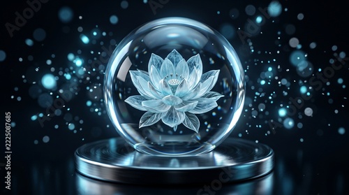 Crystal Lotus Flower Inside Glass Sphere on Metallic Base