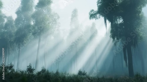 Static shot of tall cypress trees with sun rays piercing mist in swamp forest at dawn soft diffused light through canopy
