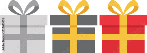 Gift Box Icons in Gray Yellow and Red with Decorative Ribbons