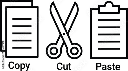 Copy Cut Paste Icons with Document and Scissors Symbols