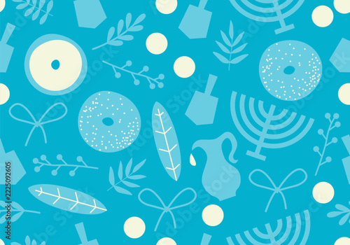 Happy Hanukkah, Traditional Jewish Winter holiday seamless pattern with festive symbols, donuts, oil jar, Menorah