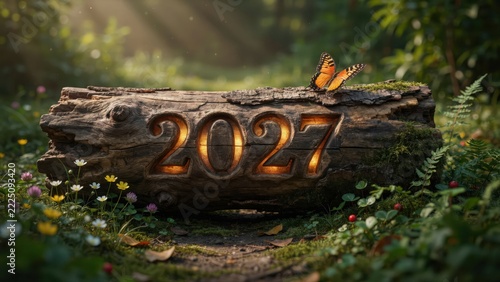 The year 2027 carved into a rustic wooden log in a magical forest setting with a butterfly