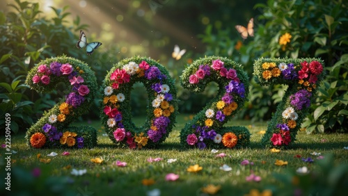 Year 2027 numbers made of green hedges and colorful blooming flowers in a sunlit garden