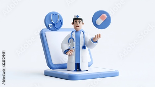 Medical - 3d doctor character with stethoscope and pill on laptop screen