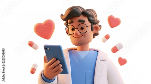 Medical - 3D Doctor holding smartphone with heart and pill icons