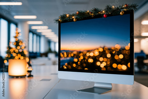 A modern computer monitor on an office desk decorated with a Christmas garland, featuring a bokeh city lights wallpaper in a bright, festive workspace with a lit tree.