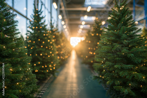 A perspective view of a long aisle in a Christmas tree farm or warehouse, featuring rows of decorated evergreen trees with glowing warm lights and a bright sunlit background.