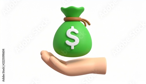 3D Banking and Savings Illustration with Money Bag on Open Palm