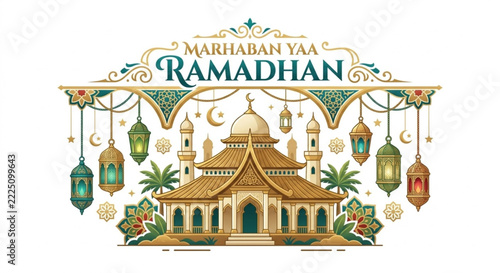 Islamic Mosque with Ramadan Greeting Banner Illustration