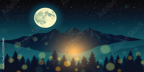 Fantasy night valley with glowing fireflies, full moon and mountain silhouettes behind pine trees