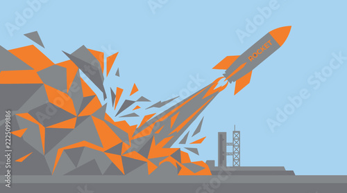 Geometric rocket launching from ground with smoke and debris