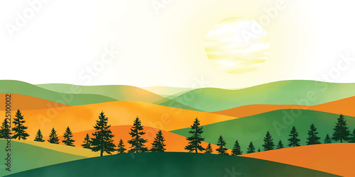 Rolling green and orange hills with pine trees under bright sun, flat vector style countryside landscape