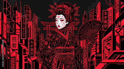 Traditional kimono woman in stylized red neon cyberpunk city