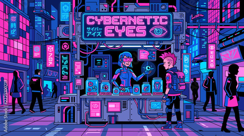 Cyberpunk pixel art street scene with neon signs and futuristic shop