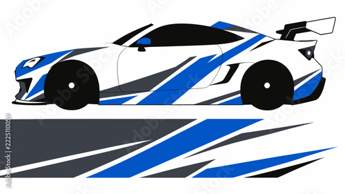 Stylized white and blue race car illustration on abstract track and speed lines.