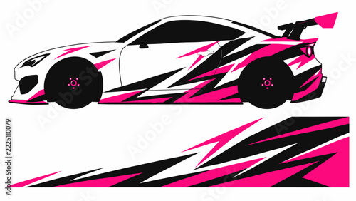 Stylized pink and black race car graphic with bold angular decals and stripes.