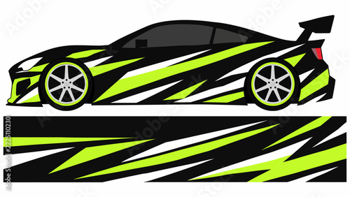 Stylized neon sports car graphic with bold black and lime stripes and dynamic motion.