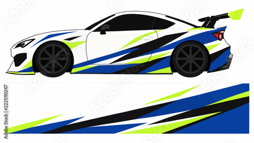 Stylized blue and yellow race car with dynamic graphics and sleek profile.