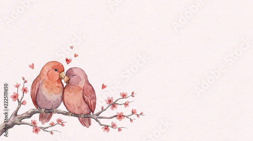 Obraz na plátně Two cute lovebirds sitting on a flowering branch with floating hearts