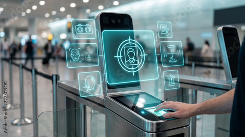 A high-tech automated border control kiosk at an airport with holographic biometric scanning interfaces and a person's hand interacting with the scanner