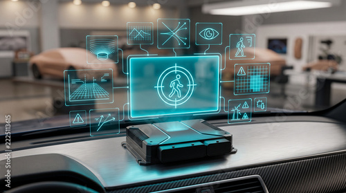 High angle close-up of an autonomous driving control unit on a car dashboard with futuristic holographic interface showing pedestrian detection and sensor data.