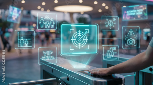 High-tech futuristic theme park turnstile featuring interactive cyan holographic displays for guest identification, VIP alerts, and biometric scanning