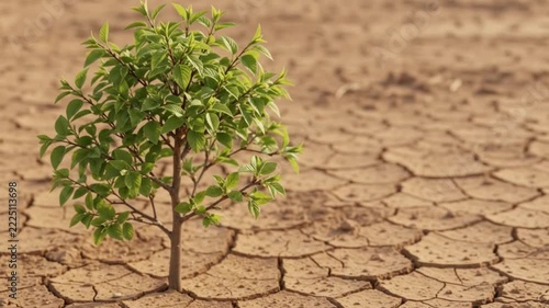 Small green plant growing from dry and cracked earth symbolizing hope