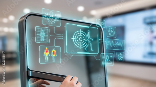 Close-up of a person interacting with a futuristic intelligent fitness mirror featuring holographic biomechanical mapping, skeletal analysis, and health data overlays in a modern gym.