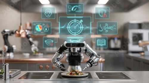 A photorealistic futuristic culinary robot in a professional kitchen analyzing diner preferences using a complex blue holographic digital interface while preparing a gourmet dish