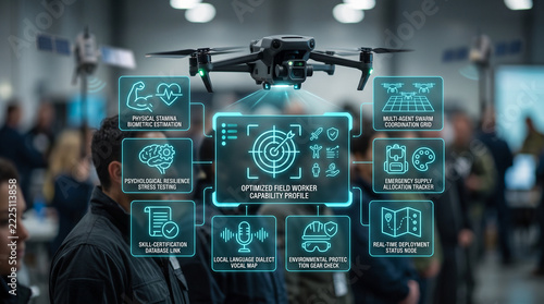 A photorealistic image of a futuristic black drone scanning individuals with a complex cyan holographic interface displaying worker capability profiles, biometrics, and skill certifications.