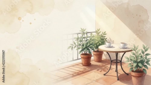 sunny watercolor terrace with potted plants and coffee on the table