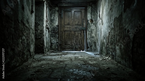 Dark Abandoned Corridor with an Old Wooden Door