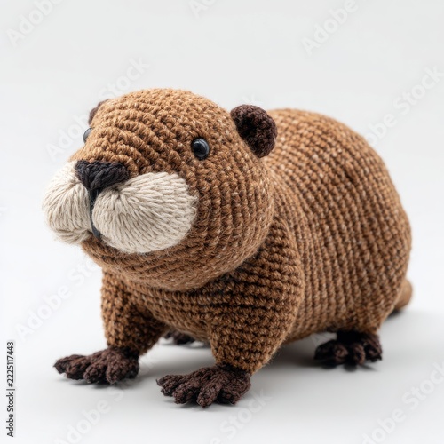 Cute Brown Knitted Beaver Amigurumi Toy Isolated On Plain Light Gray Background Studio Photography
