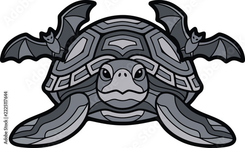 Gray turtle with bats on its shell is a detailed vector illustration