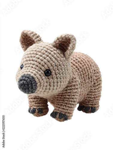 Cute Handmade Crochet Wombat Toy Isolated On White Background With Detailed Brown Yarn Texture