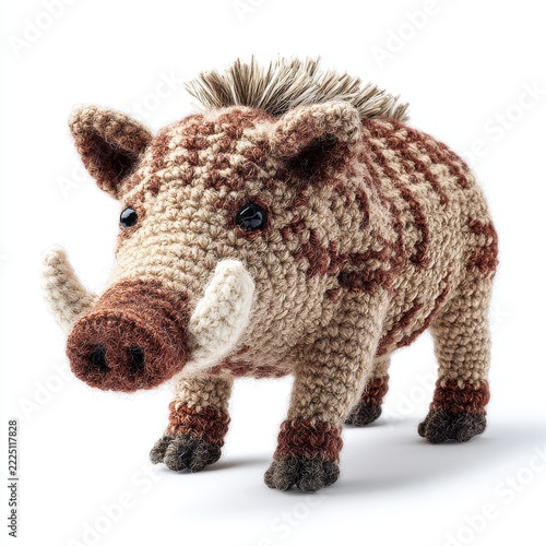 Cute Knitted Wild Boar Amigurumi Toy Figure Isolated On White Background