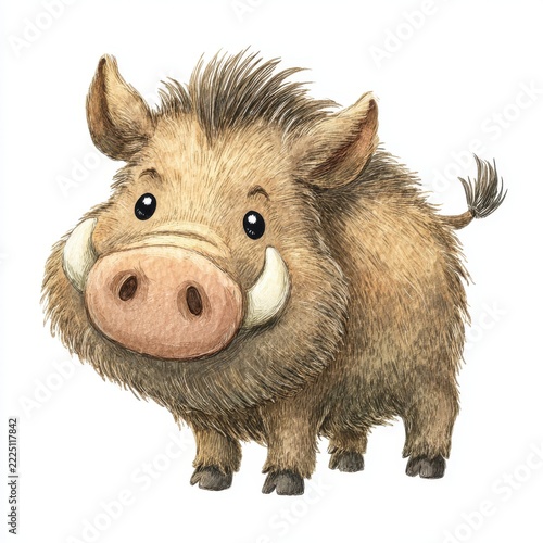 Cute Little Brown Wild Boar Piglet Drawing Isolated On White Background