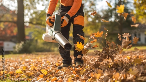 Gardener using a leaf blower to clear fallen autumn leaves from a lawn