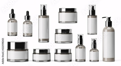 Collection of blank cosmetic bottles and jars on white background
