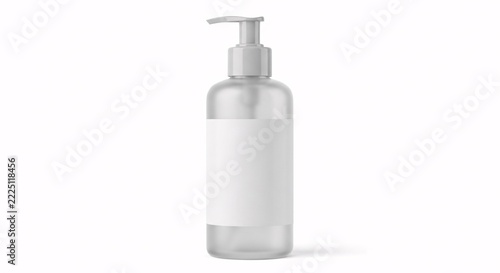 Frosted glass pump bottle with blank white label on white background
