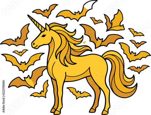Golden unicorn with bats is a vibrant vector illustration on a white background