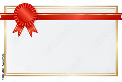 Red ribbon adorns elegant gold-framed certificate. White background offers clean, versatile space for text or design. Ideal for awards, recognitions, or formal documents