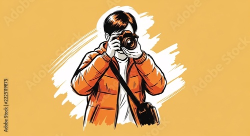 Man in orange jacket holding a camera in a sketch style