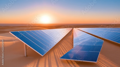 Blue photovoltaic solar panels stretching across vast desert sand dunes at sunset generating renewable energy