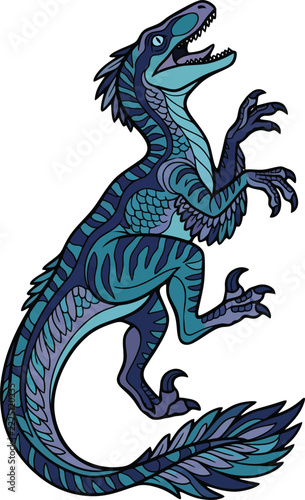 A blue velociraptor illustration features detailed scales and a dynamic pose
