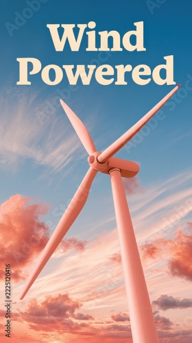 Outdoor sky backdrop showcasing pink wind turbine generating sustainable electricity